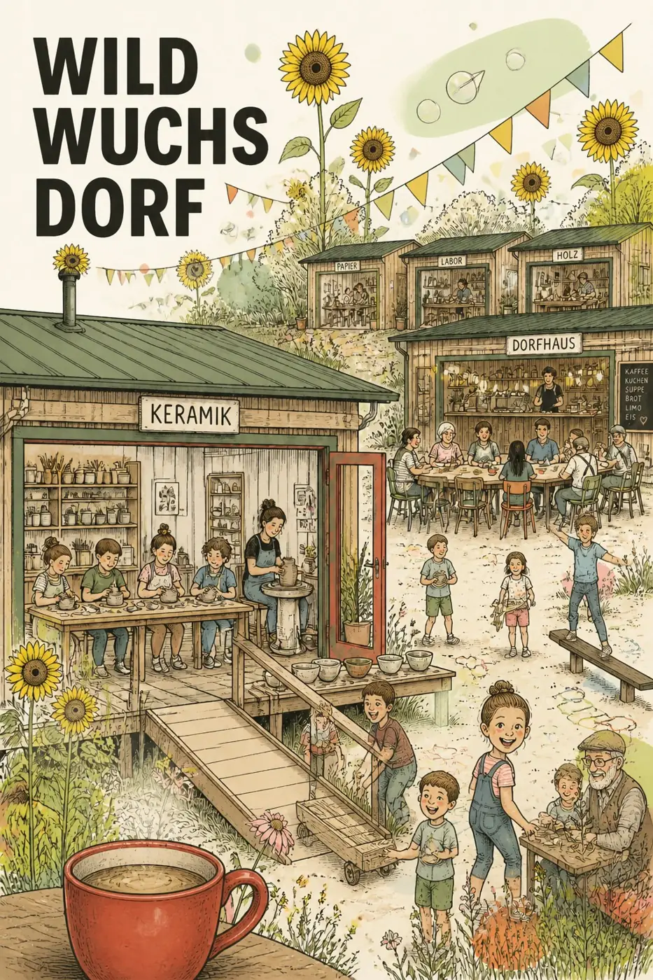 Skizze: ein offenes Macher-Haus vorne, dahinter der Dorfplatz mit Kafi
